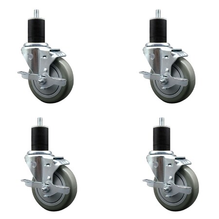 Service Caster 4'' SS Gray Poly Swivel 1-3/4'' Expanding Stem Caster Set with Brake, 4PK SCC-SSEX20S414-PPUB-TLB-134-4